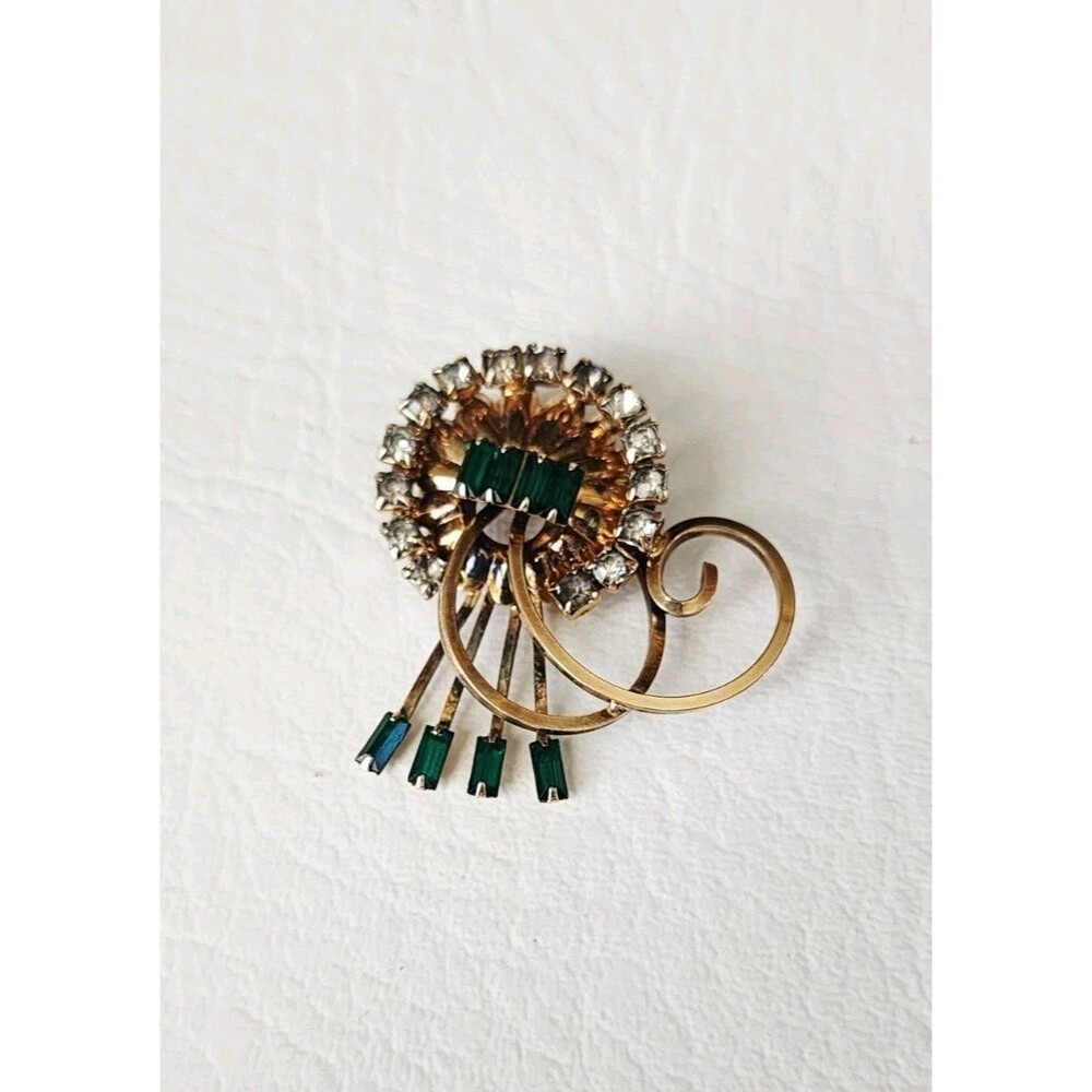 Signed BAL-RON Brooch Green Emerald Floral 1/20 12k GF 1.5"